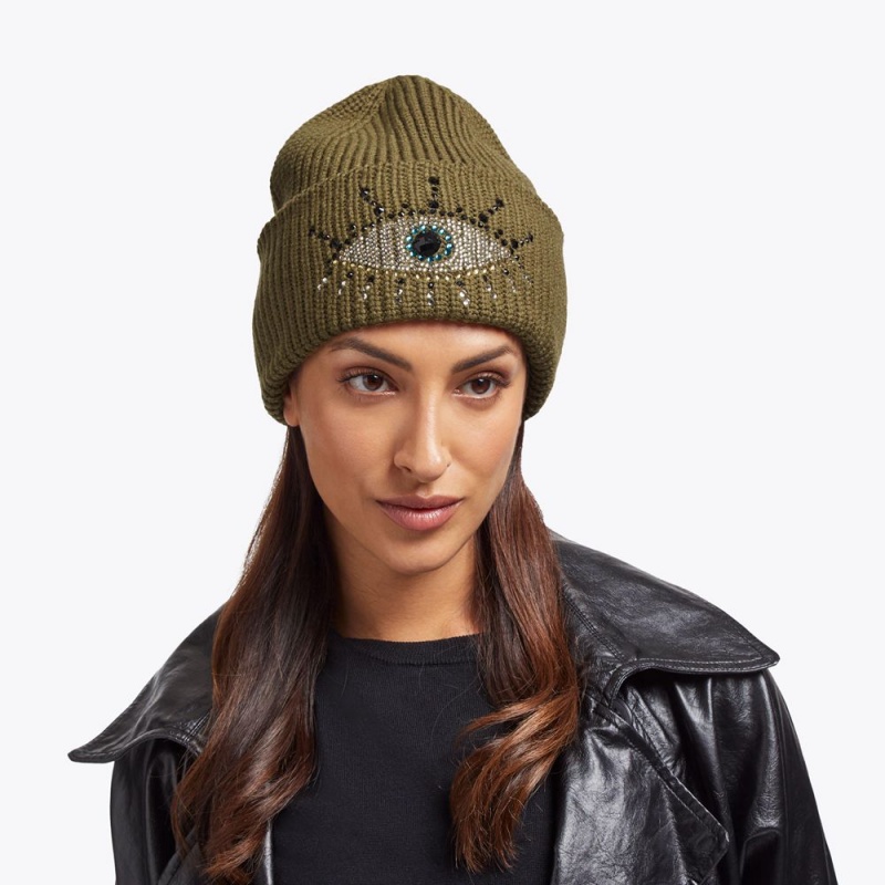 Kurt Geiger Evil Eye Beanie Kaki | KTWNXH-512